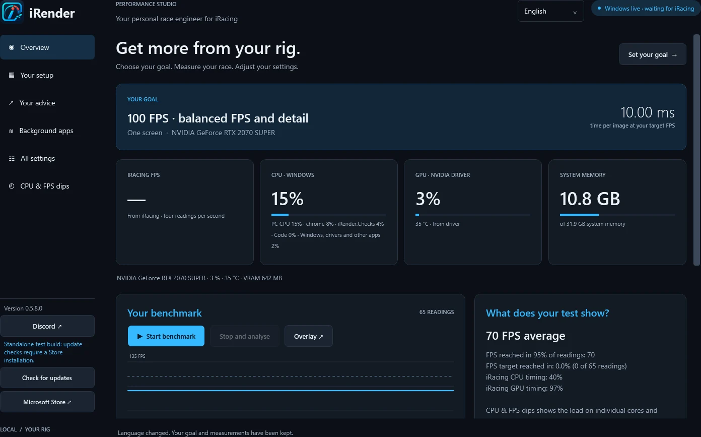 iRender — Your FPS goal, live hardware measurements and benchmark results in one place.