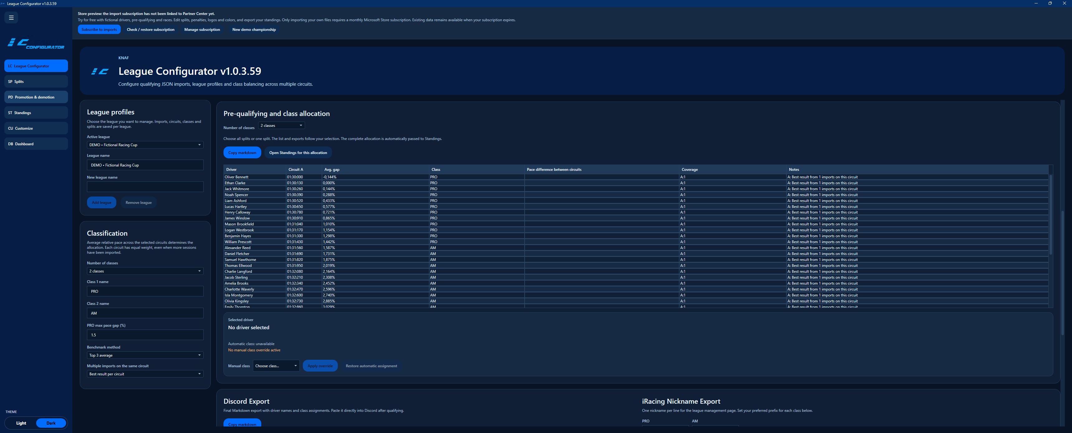 Pre-kwalificatie & klassen — LeagueConfigurator iRacing demo