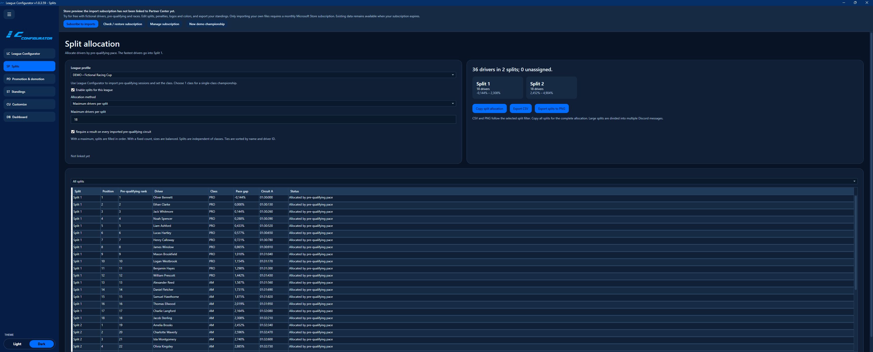 Splitindeling — LeagueConfigurator iRacing demo