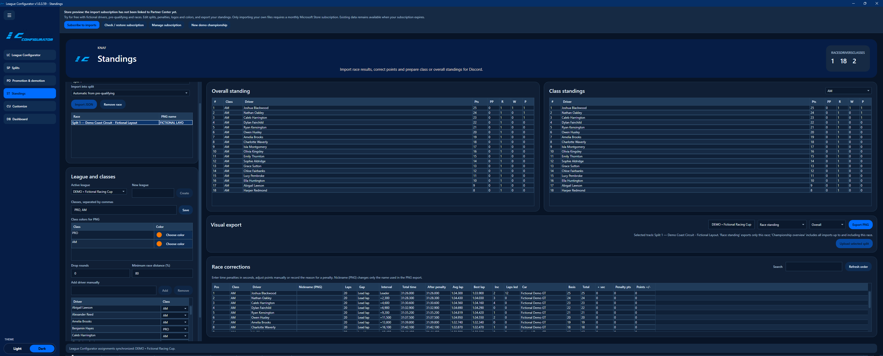 Standings & straffen — LeagueConfigurator iRacing demo